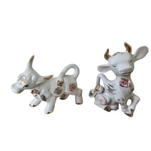 Vintage Cows with Pink Flowers Figurines Marked Japan See Description 1950's